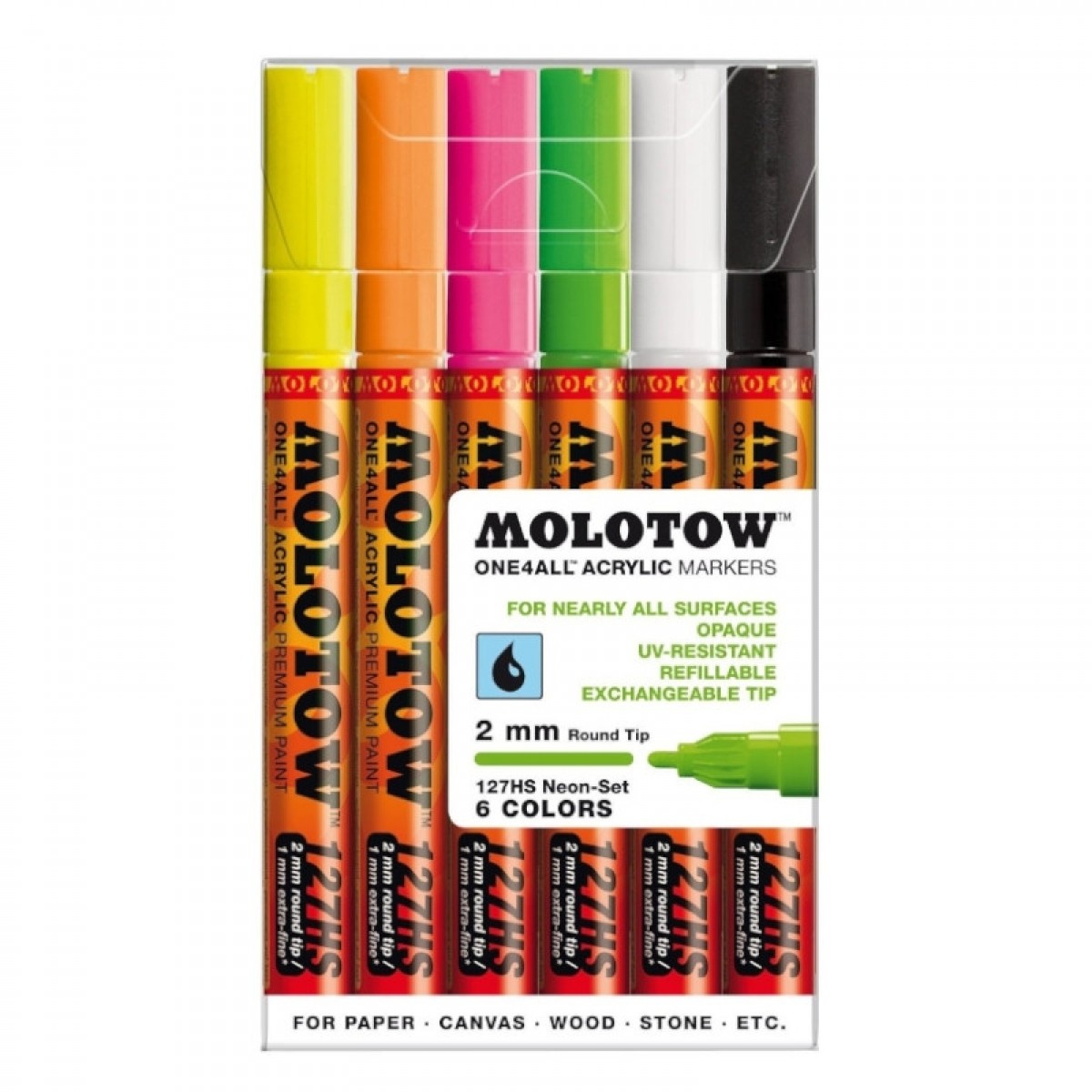 Molotow ONE4ALL 2mm, Neon sæt, 6 stk